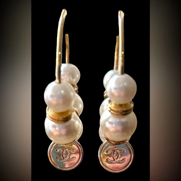 CC Logo Luxe-Inspired Gold, Pearl & CZ Upcycled Hoop Earrings - Picture 2 of 9